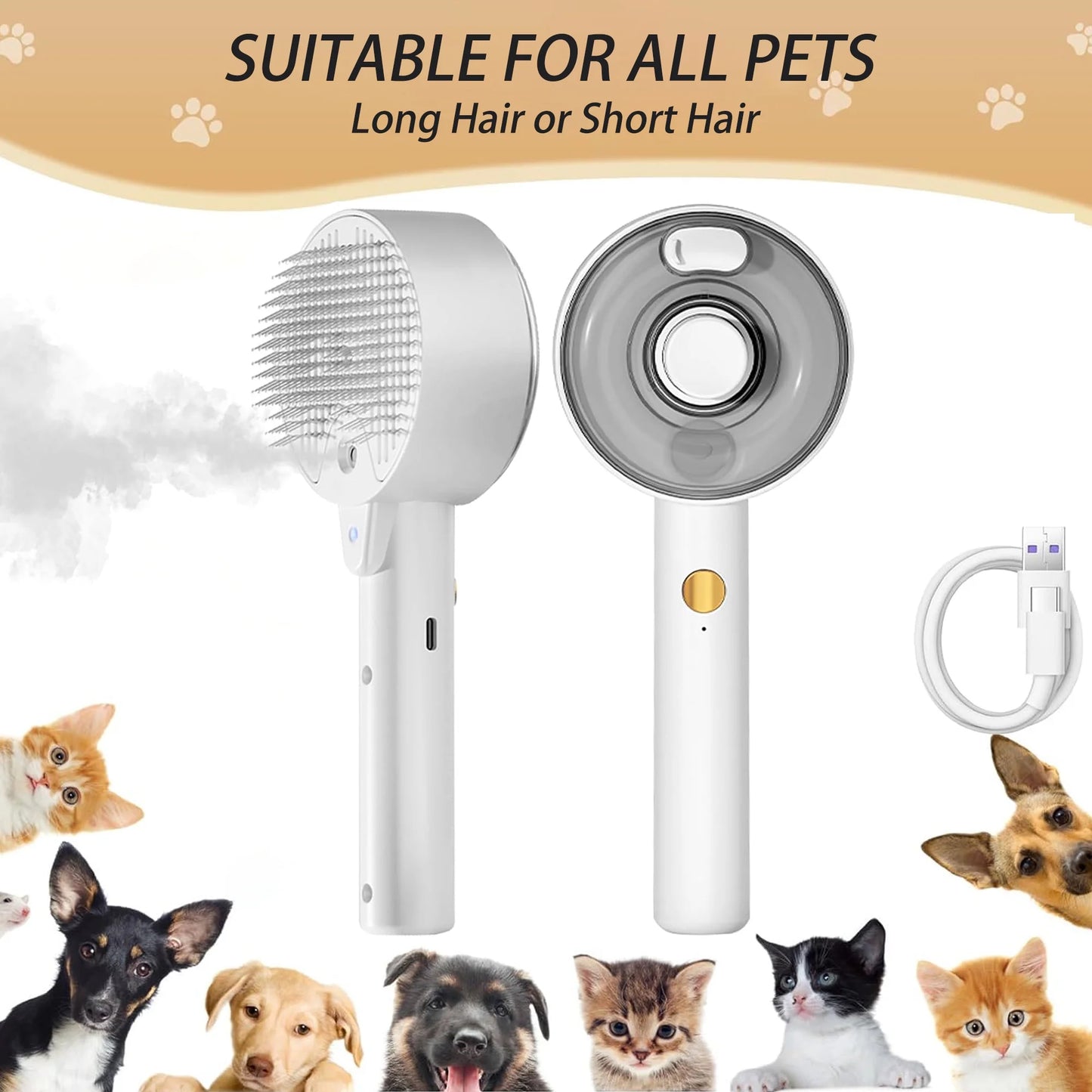 Cat Steam Brush 4-In-1 Pet Spray Comb. Rechargeable Steam Brush.