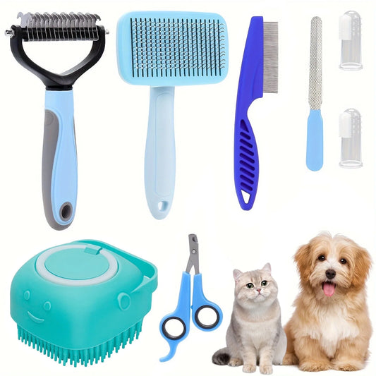  Pet Grooming Brush Kit, 7 Pcs for Shedding & Matted Fur, with Flea Comb and  Bath Brush,  Brush Grooming