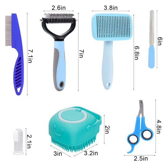  Pet Grooming Brush Kit, 7 Pcs for Shedding & Matted Fur, with Flea Comb and  Bath Brush,  Brush Grooming